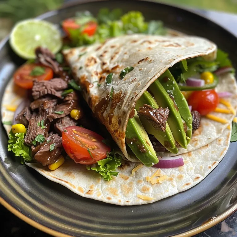 A close-up view of a BBQ beef and avocado wrap, showcasing juicy beef slices and fresh ingredients.