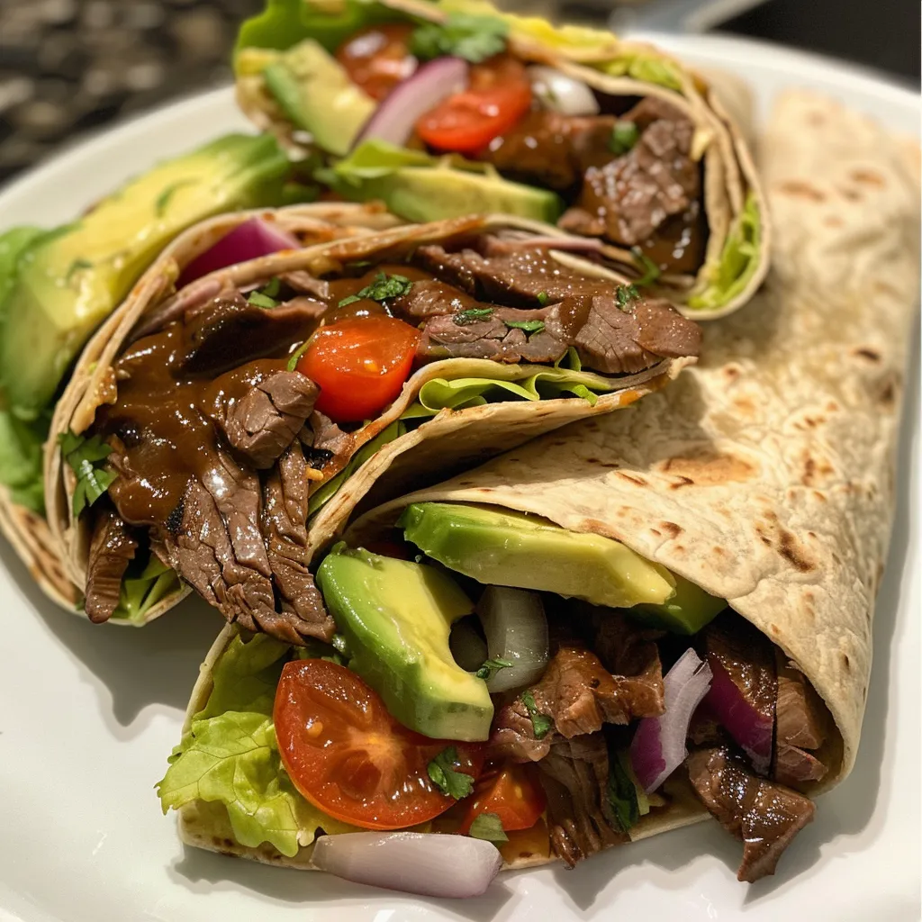 A side angle of a delicious BBQ beef and avocado wrap filled with vibrant toppings and sauces.