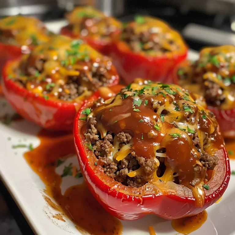 A side view of BBQ beef stuffed peppers with melted cheese and rich BBQ sauce.
