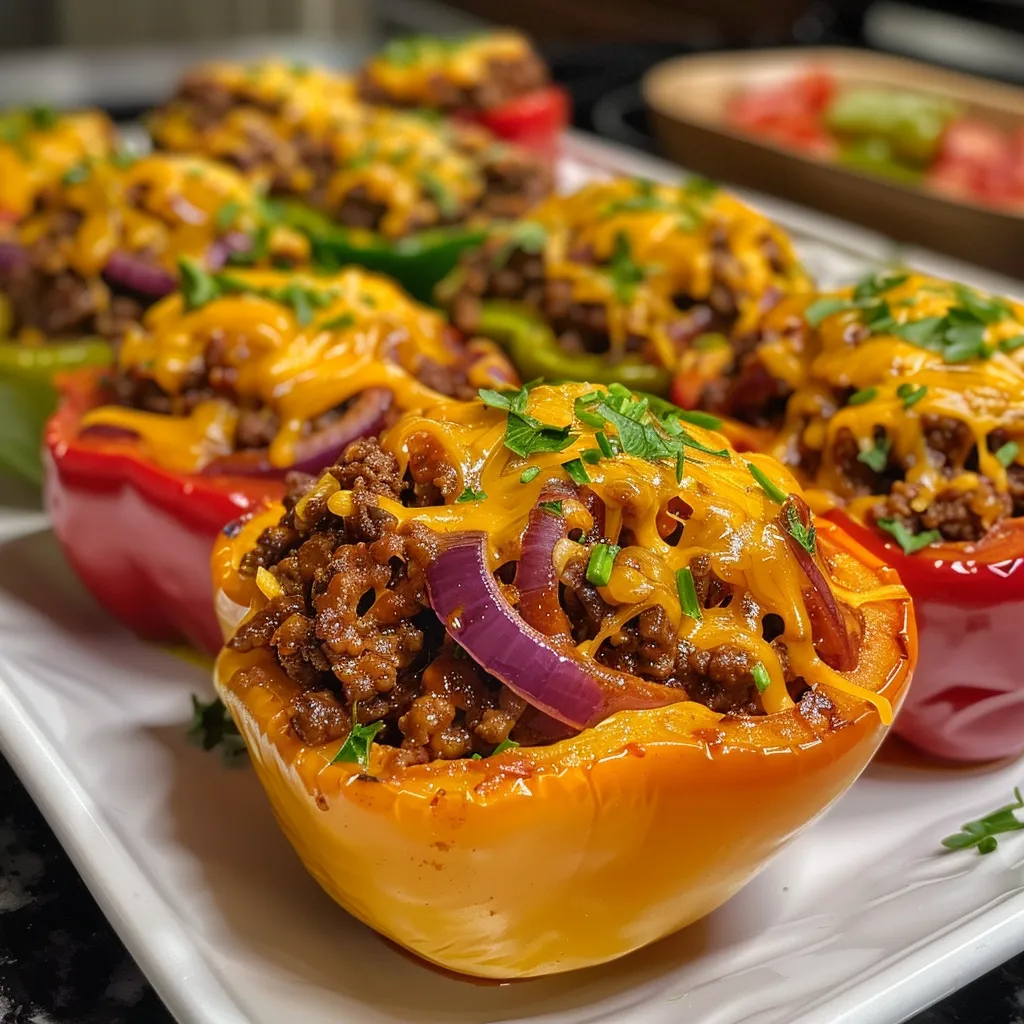 Juicy stuffed red bell peppers filled with ground beef and topped with cheddar cheese.