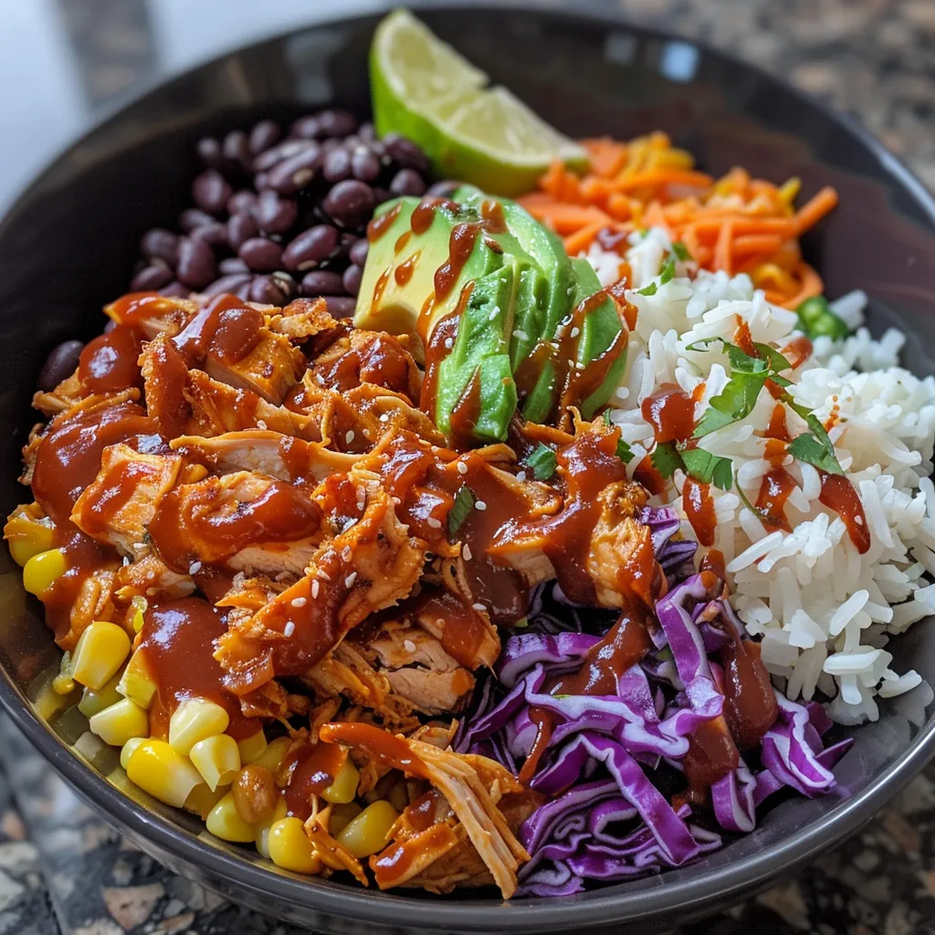 A close-up view of a BBQ chicken bowl with sliced avocado and ranch drizzle on top.
