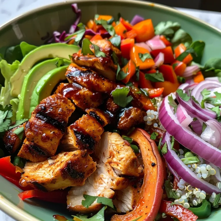 Close-up view of a vibrant BBQ chicken bowl with colorful grilled vegetables and sliced sweet potatoes.
