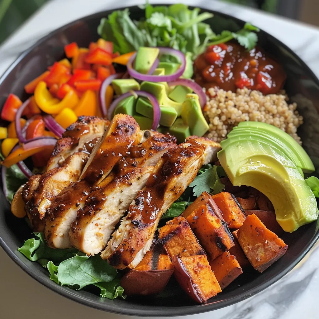 Side view of a BBQ chicken bowl featuring juicy chicken, roasted sweet potatoes, and fresh greens.