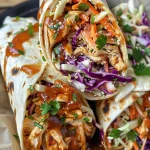 Close-up side view of BBQ chicken coleslaw wraps, showcasing vibrant cabbage and chicken.