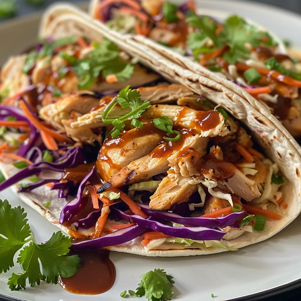 Juicy BBQ chicken and colorful coleslaw wrapped in a tortilla, viewed from the side.