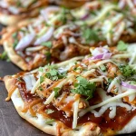 A close-up side view of a BBQ Chicken Flatbread topped with melted cheese and fresh ingredients.