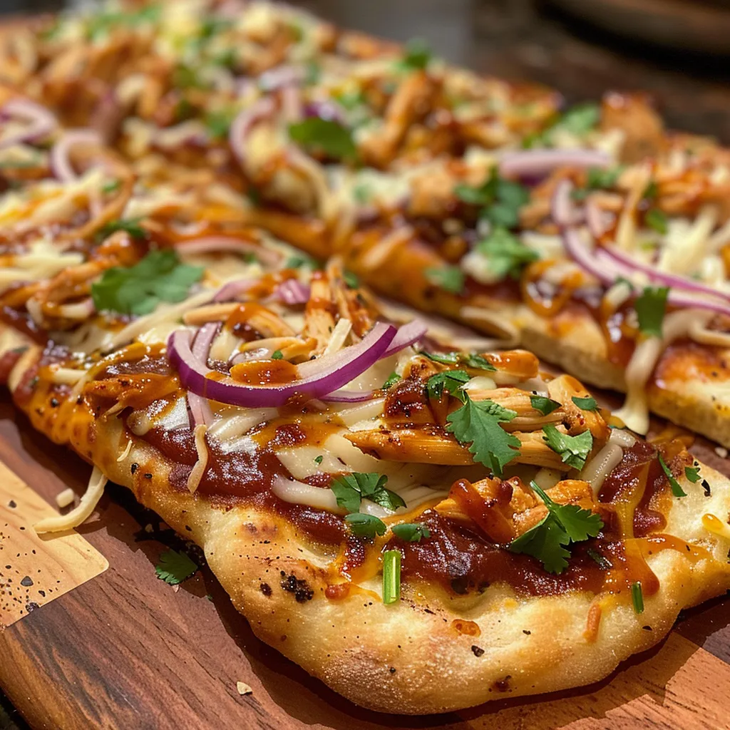 Juicy BBQ chicken flatbread with a golden crust, showing tender chicken and vibrant toppings.