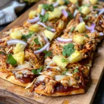 Close-up of BBQ chicken and pineapple flatbread with melted cheese and toppings.