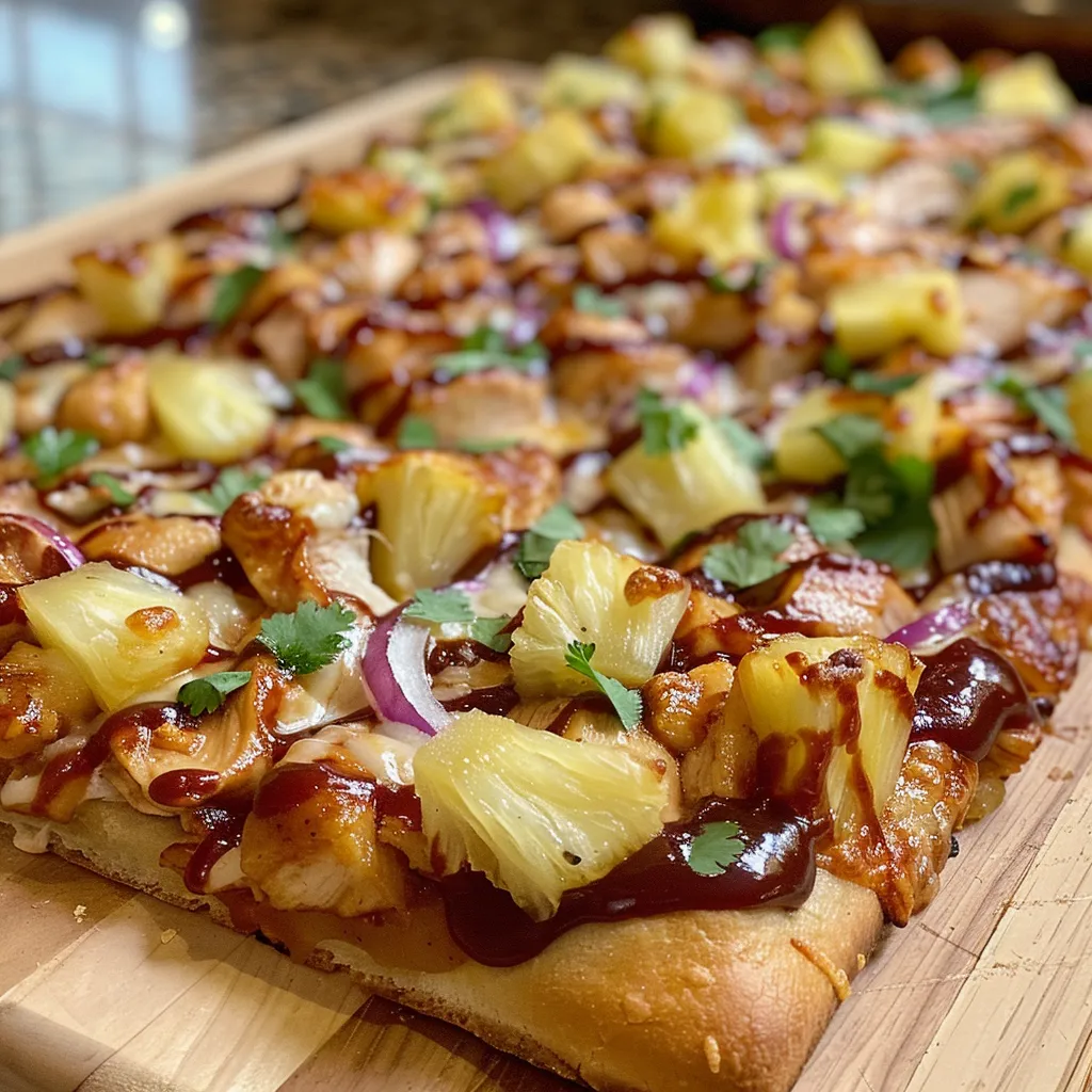 Side view of a juicy BBQ chicken flatbread garnished with pineapple and herbs.
