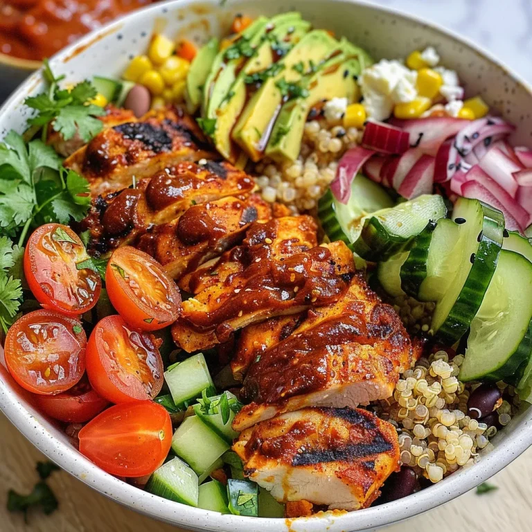Close-up view of a BBQ Chicken Power Bowl featuring grilled chicken, quinoa, and fresh vegetables.