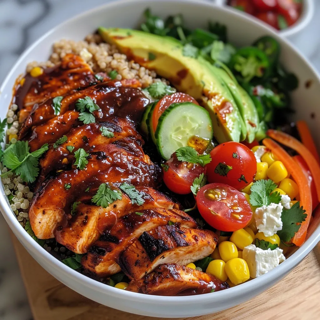 Side profile of a vibrant BBQ Chicken Power Bowl, showcasing juicy chicken and colorful toppings.