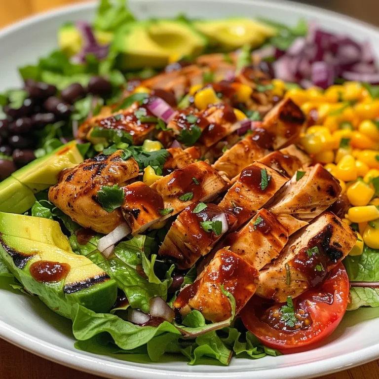 Savor the Simplicity BBQ Chicken Salad with Creamy Avocado Dressing A close-up side view of a BBQ chicken salad featuring vibrant greens, cherry tomatoes, and creamy avocado dressing.