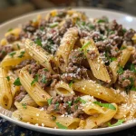 Close-up view of a bowl of Beef and Garlic Butter Pasta with herbs and Parmesan cheese.