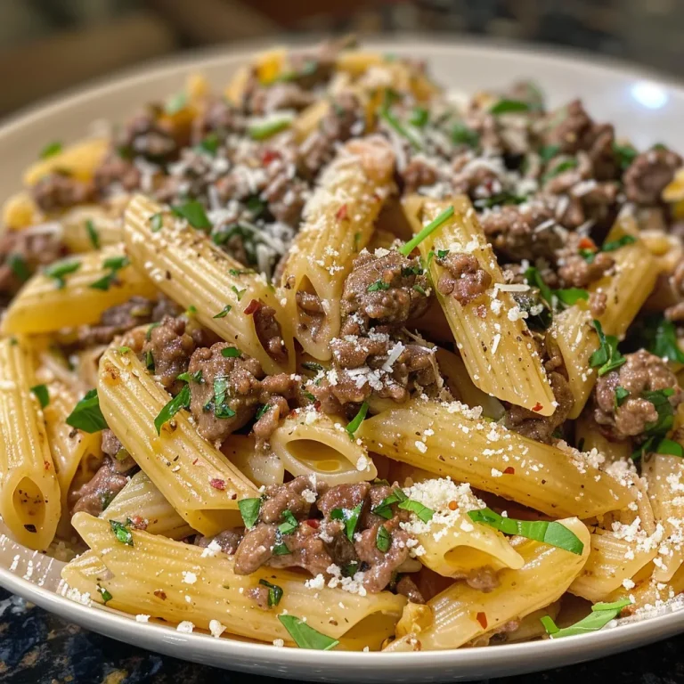 Close-up view of a bowl of Beef and Garlic Butter Pasta with herbs and Parmesan cheese.