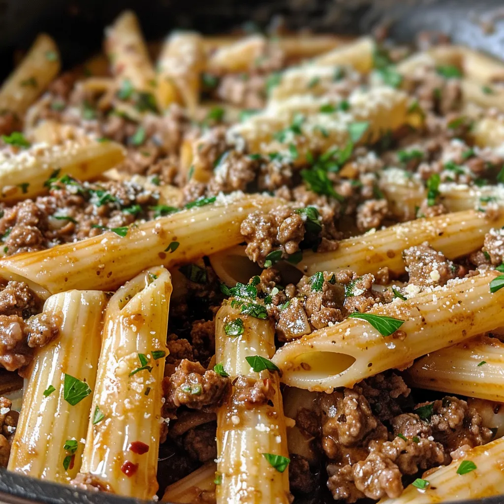 Side view of a plated Beef and Garlic Butter Pasta showing juicy beef and garnished with parsley.