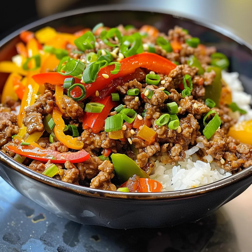 A delicious Beef and Pepper Rice Bowl with garnished toppings, showcasing juicy beef and vibrant peppers.