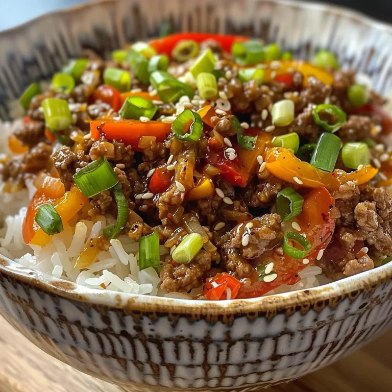 Savor the Simplicity Your Go-To Beef Pepper Rice Bowl Recipe Close-up of a Beef Pepper Rice Bowl with colorful bell peppers and green onions.