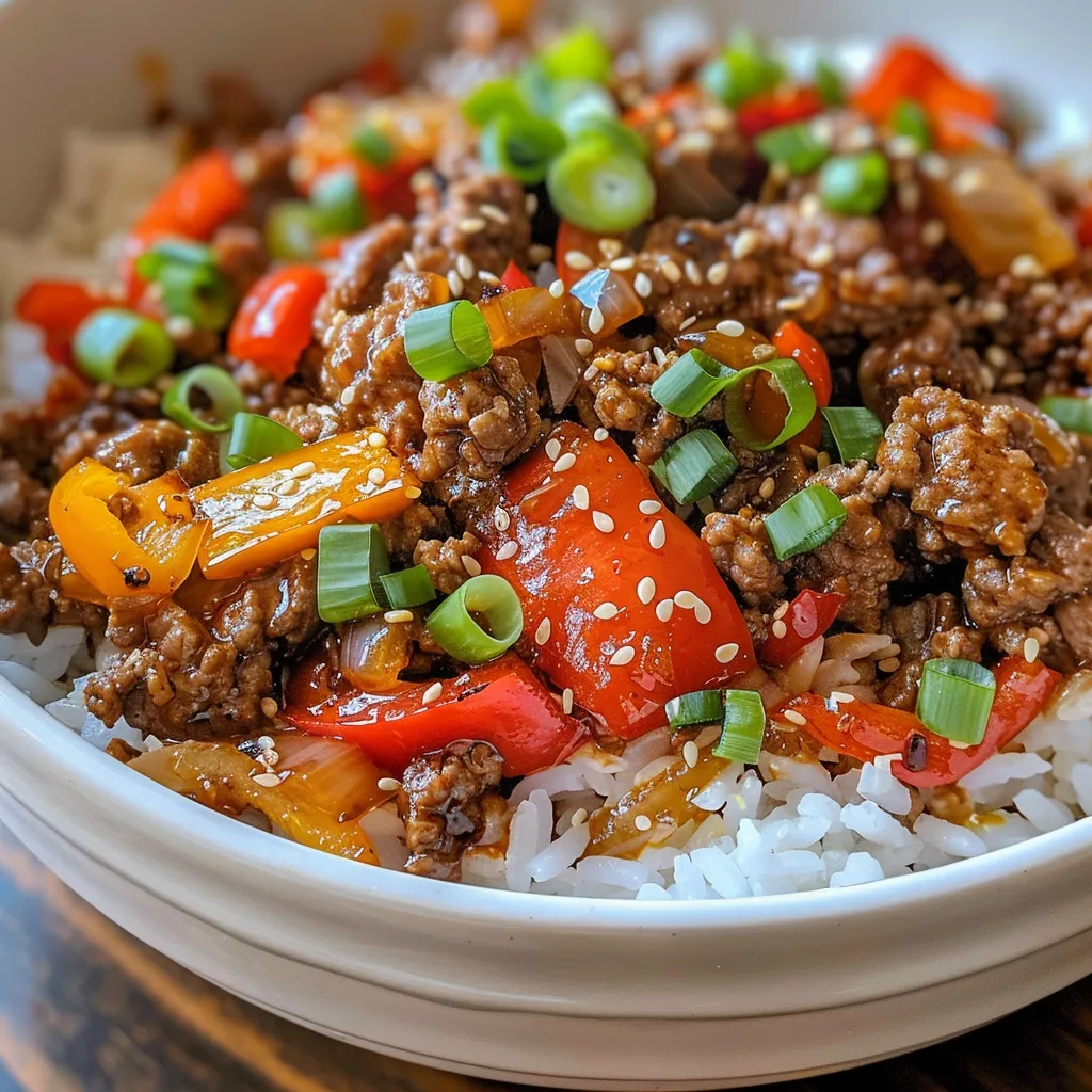 Side view of a delicious Beef Pepper Rice Bowl, featuring ground beef and rice.