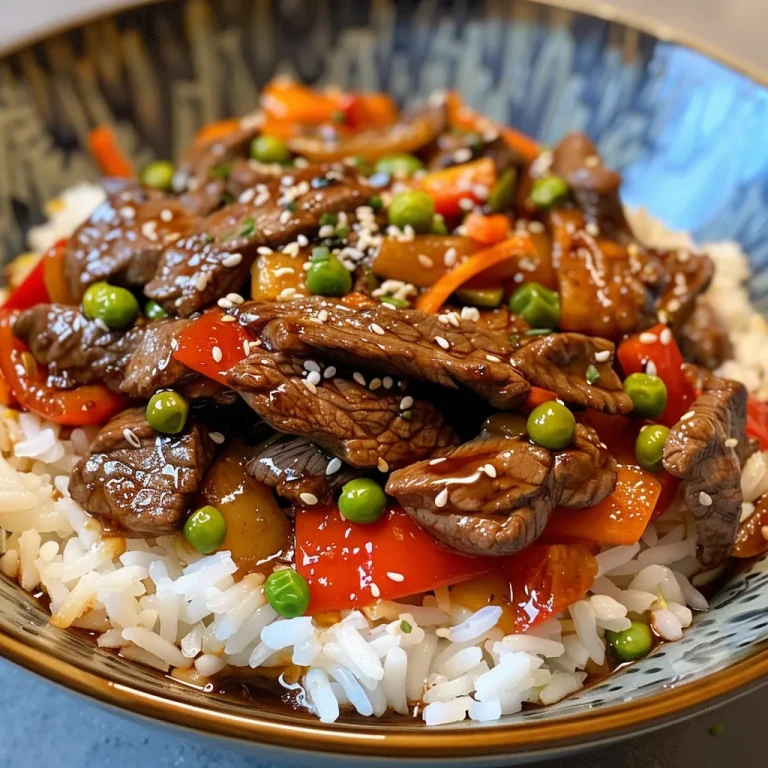 Beef Stir-Fry Bliss Quick and Flavorful Meals for Any Night Close-up view of juicy beef stir-fry with mixed vegetables and seasoned fried rice.
