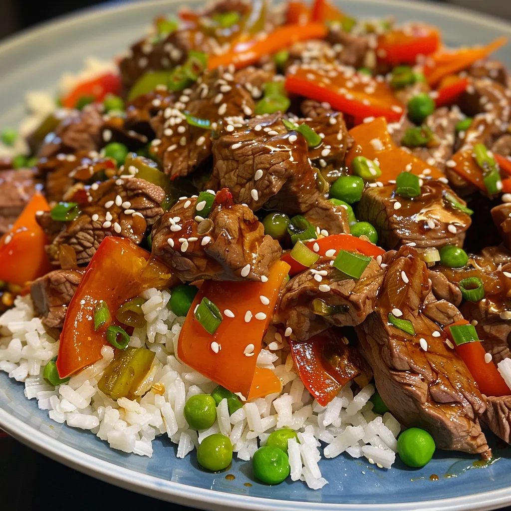 Side angle photo showcasing colorful beef stir-fry with a serving of fried rice.