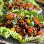 Close-up view of Beef Taco Lettuce Wraps with colorful toppings.