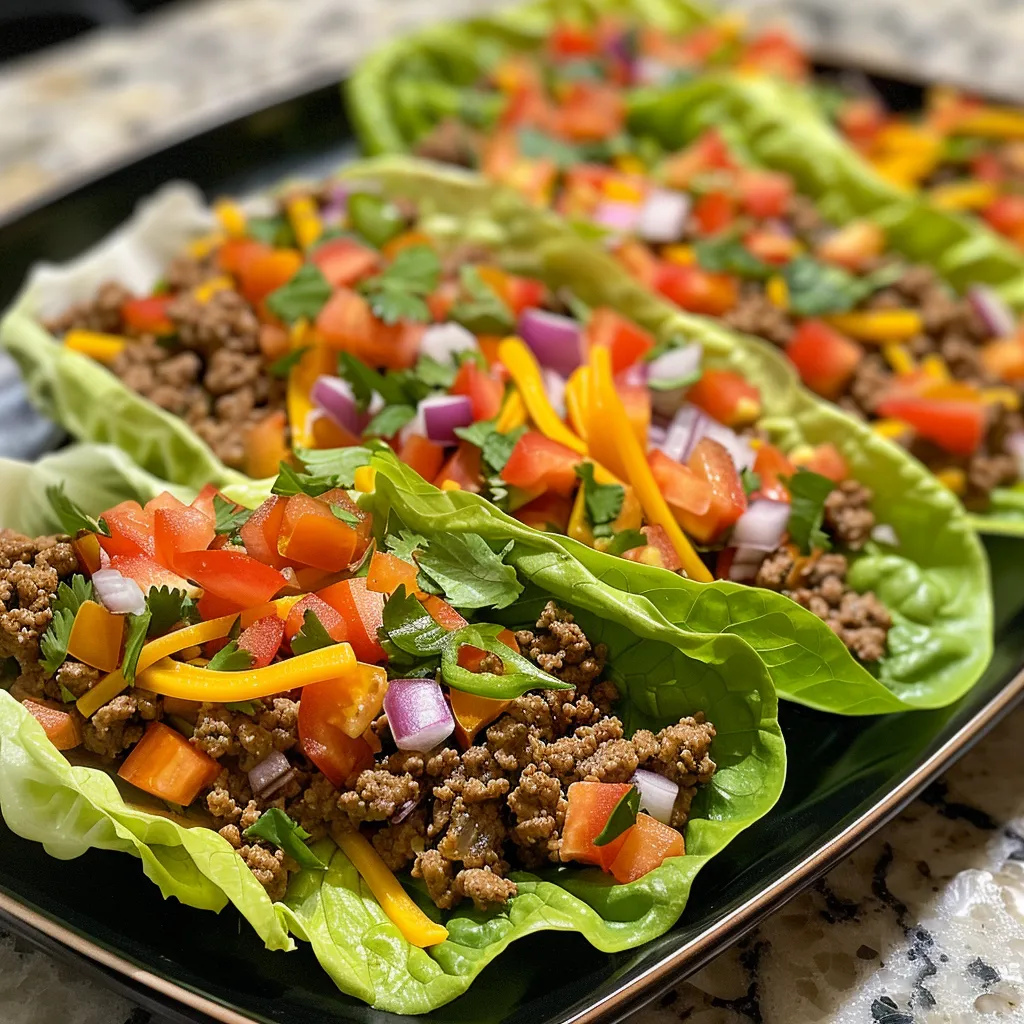 Juicy beef taco mixture inside fresh lettuce leaves, garnished with toppings.