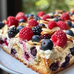 A close-up side view of a Berry Almond Cake with vibrant mixed berries on top.