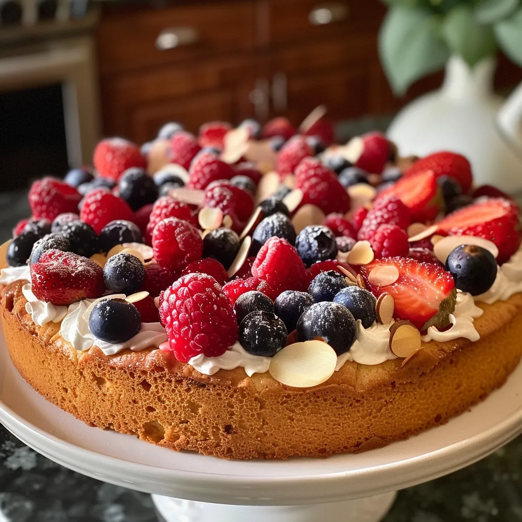 Side view of a moist Berry Almond Cake, featuring colorful berries and a creamy frosting.