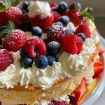 A close-up side view of a Berry Chantilly Cake with fresh berries on top.