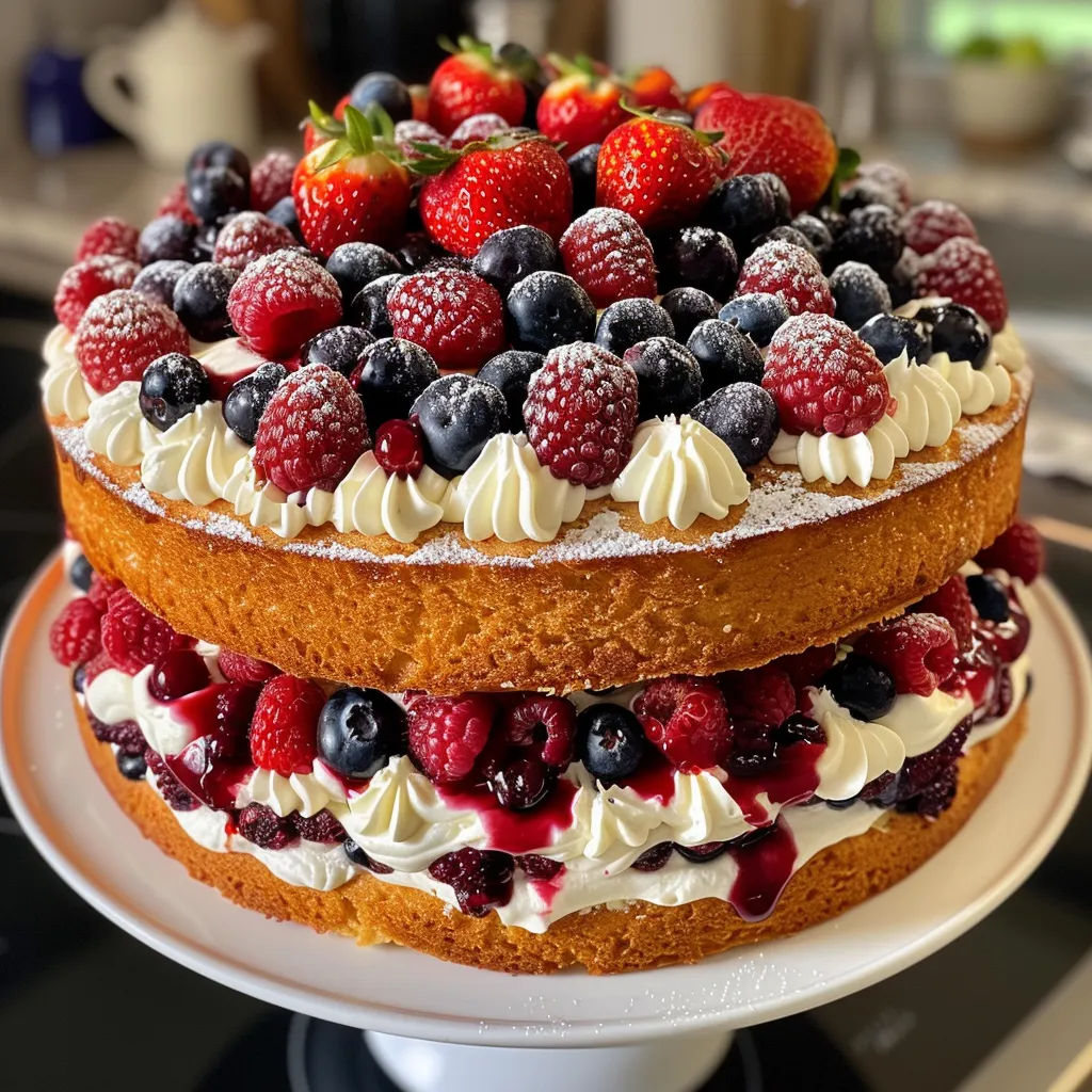 Juicy Berry Chantilly Cake displayed at an angle, showcasing layers and toppings.