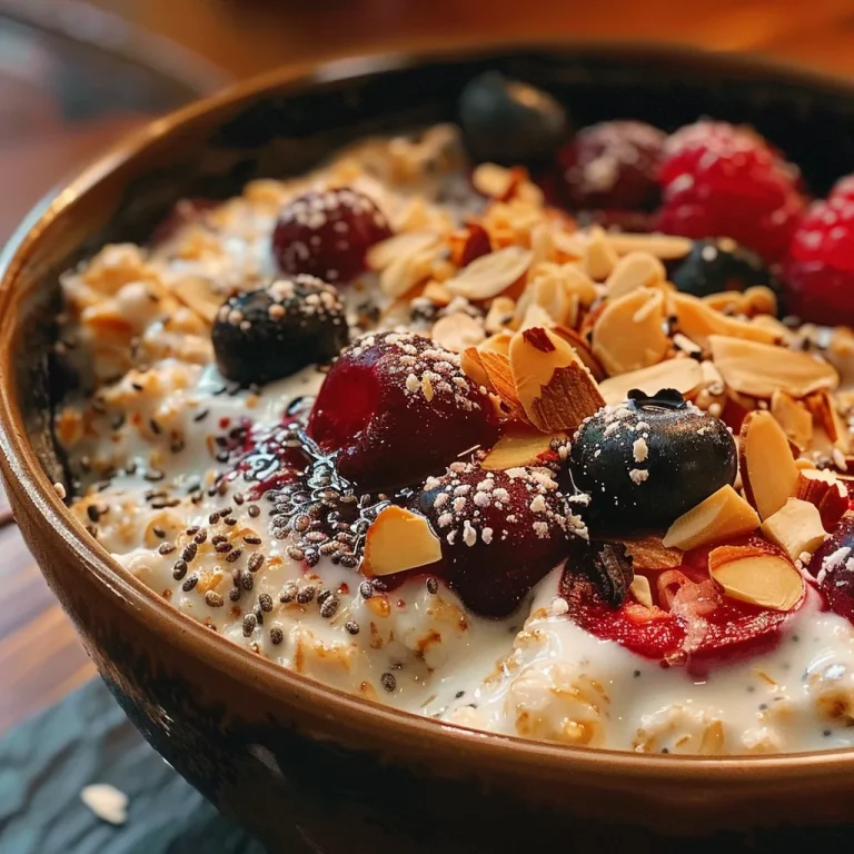 Close-up of a bowl of Berry Cherry Almond Overnight Oats with colorful mixed berries and almonds.