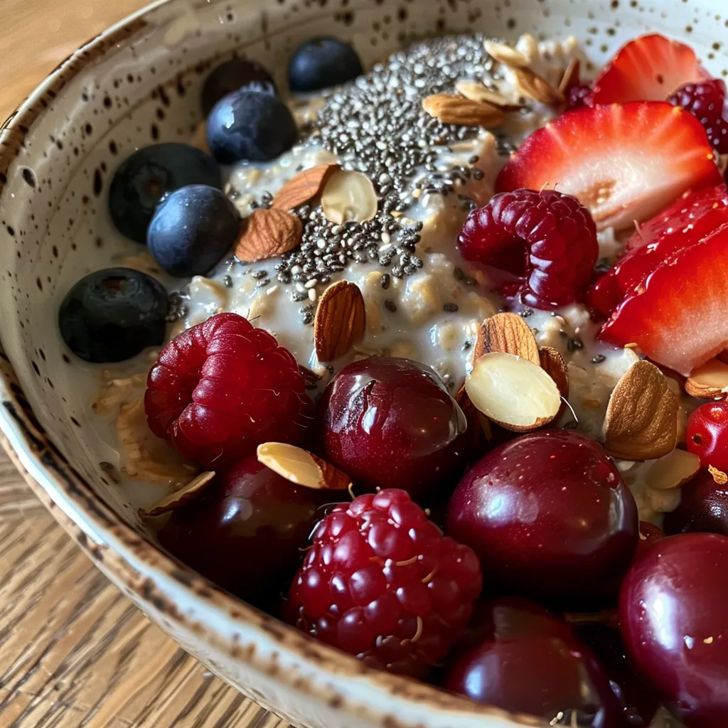 Side view of creamy overnight oats topped with cherries and berry mix in a glass jar.