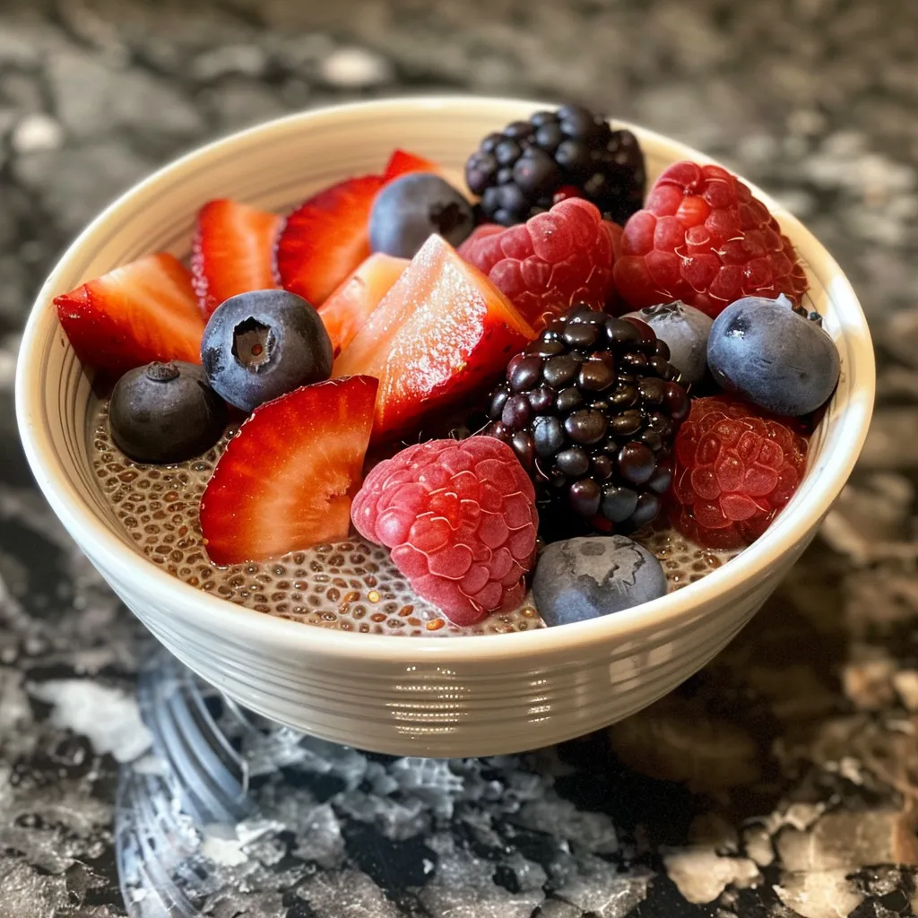 Side view of a vibrant berry chia seed pudding, showcasing layers of chia seeds and mixed berries.