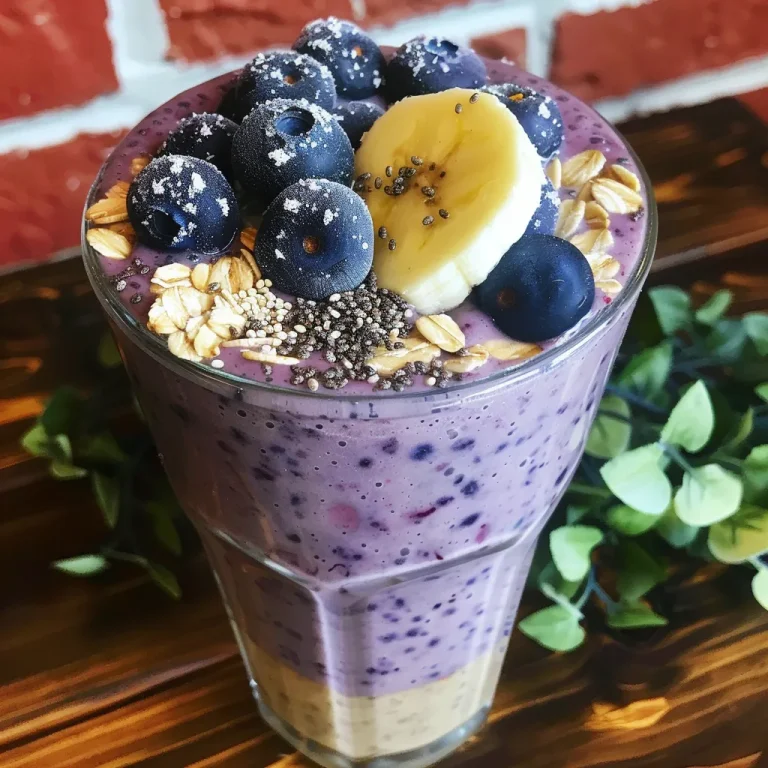 A vibrant Blueberry Banana Oatmeal Power Smoothie in a clear glass.