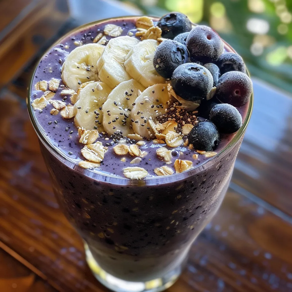 Close-up view of a creamy Blueberry Banana Oatmeal Power Smoothie topped with blueberries.