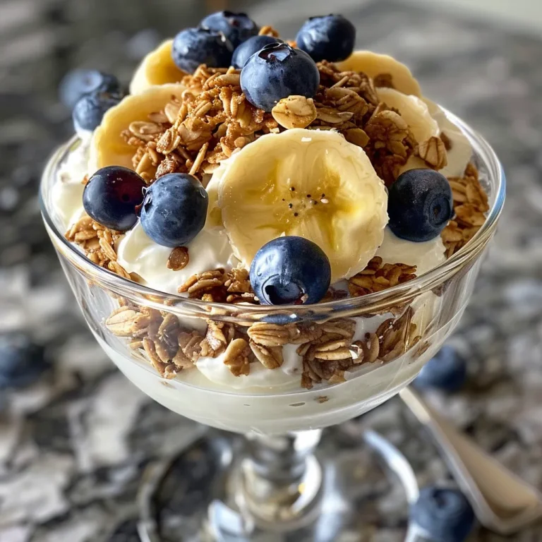 Close-up side view of a Blueberry Banana Parfait with layers of yogurt, granola, and fruit.