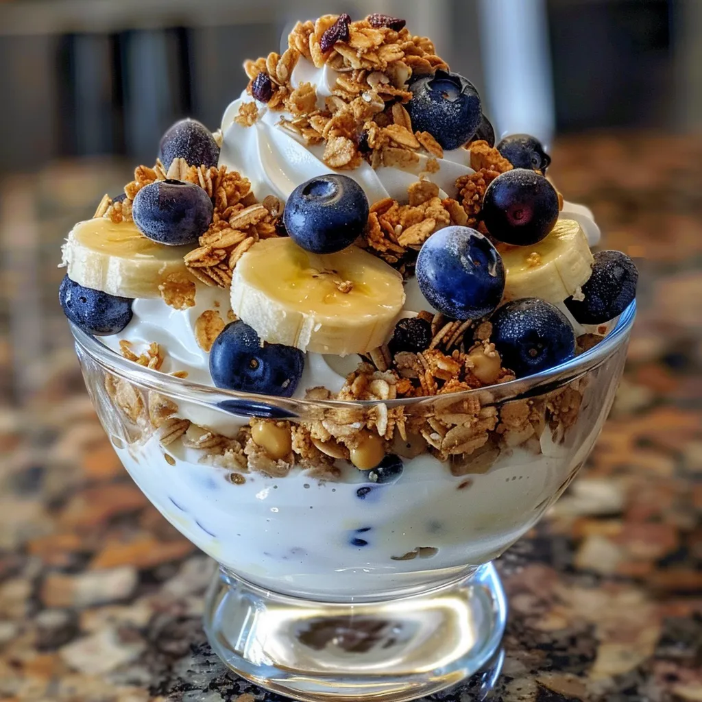 Colorful Blueberry Banana Parfait showing fresh blueberries, banana slices, and granola in a glass.