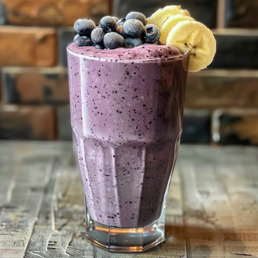 Side view of a creamy Blueberry Banana Protein Smoothie with a swirl of blueberries on top.
