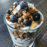 Close-up side view of a blueberry coconut almond yogurt parfait layered with granola.