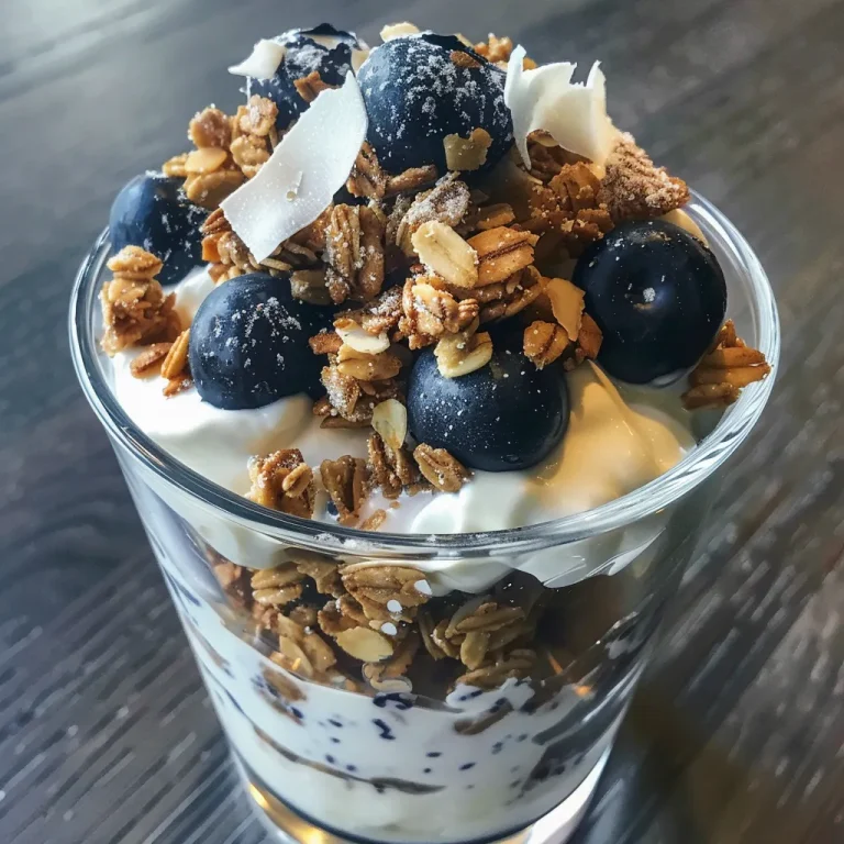 Close-up side view of a blueberry coconut almond yogurt parfait layered with granola.