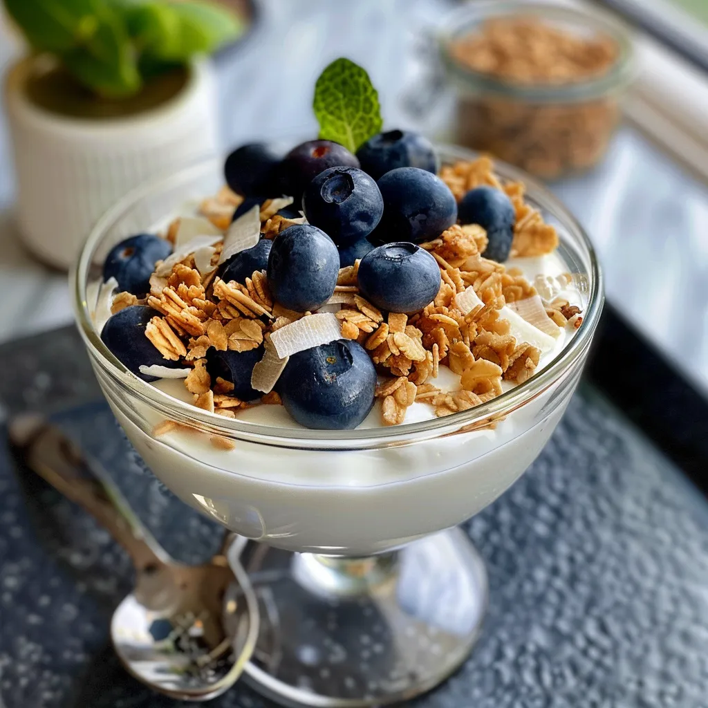 Colorful yogurt parfait featuring blueberries, granola, and coconut, presented in a glass.