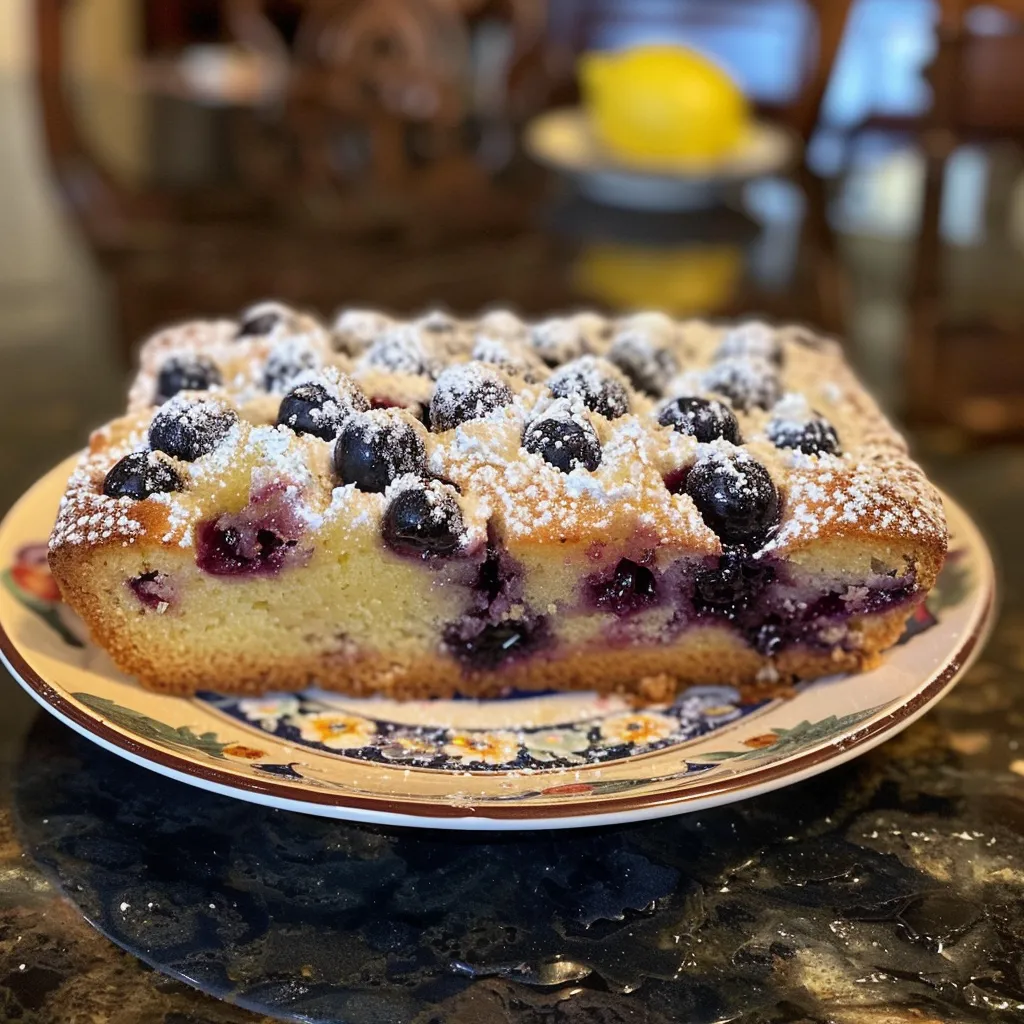 Close-up of a moist blueberry lemon loaf, highlighting blueberries and lemon zest.