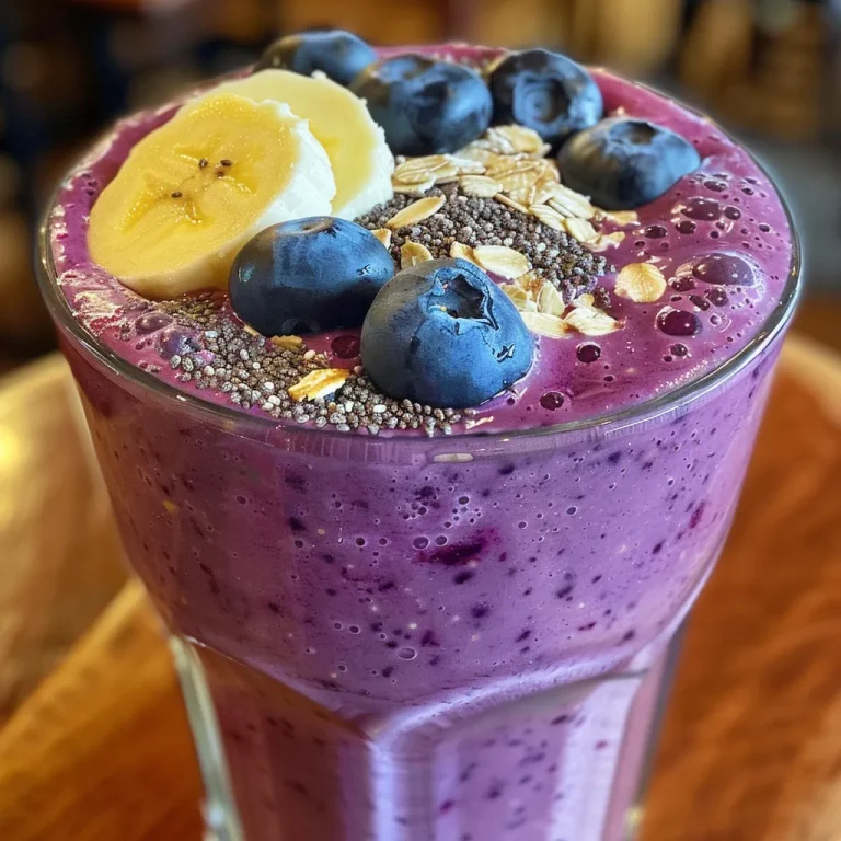 Close-up of a vibrant blueberry oat smoothie in a glass.