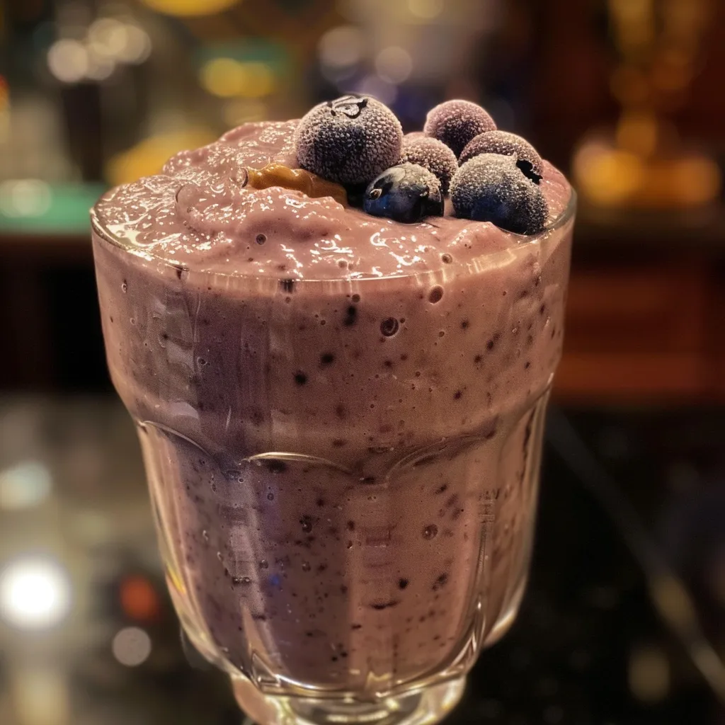 A side view of a delicious smoothie featuring blueberries, almond milk, and a hint of vanilla.