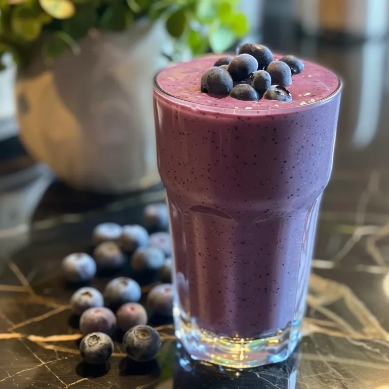 Sip Your Way to a Bright Morning The Ultimate Blueberry Yogurt Smoothie A close-up side view of a blueberry yogurt smoothie in a glass with fresh blueberries around it.