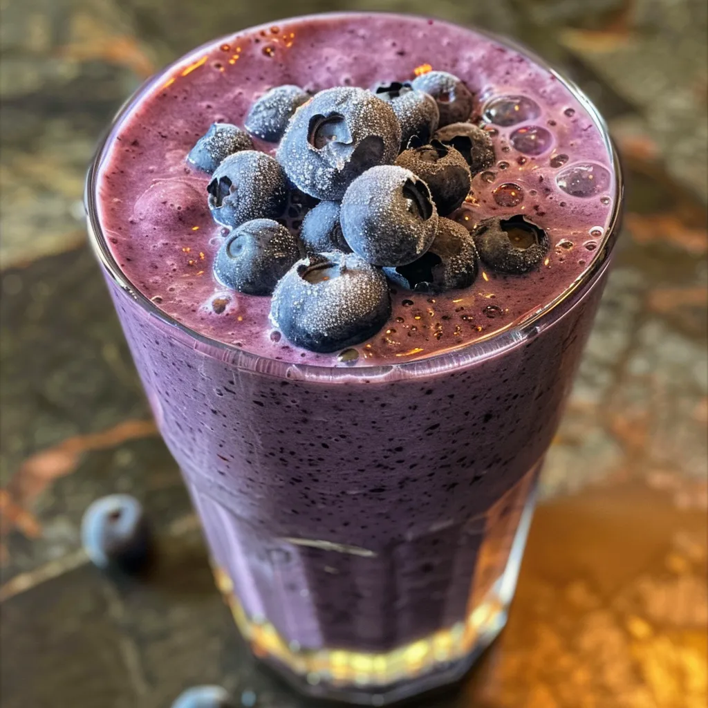 A delicious blueberry yogurt smoothie displayed in a clear glass, with blueberries and yogurt in the background.