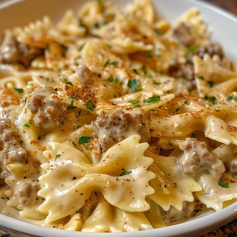 Cajun Comfort Creamy Bowties with a Kick A close-up view of Cajun Cream Cheese Alfredo Bowties topped with ground beef.