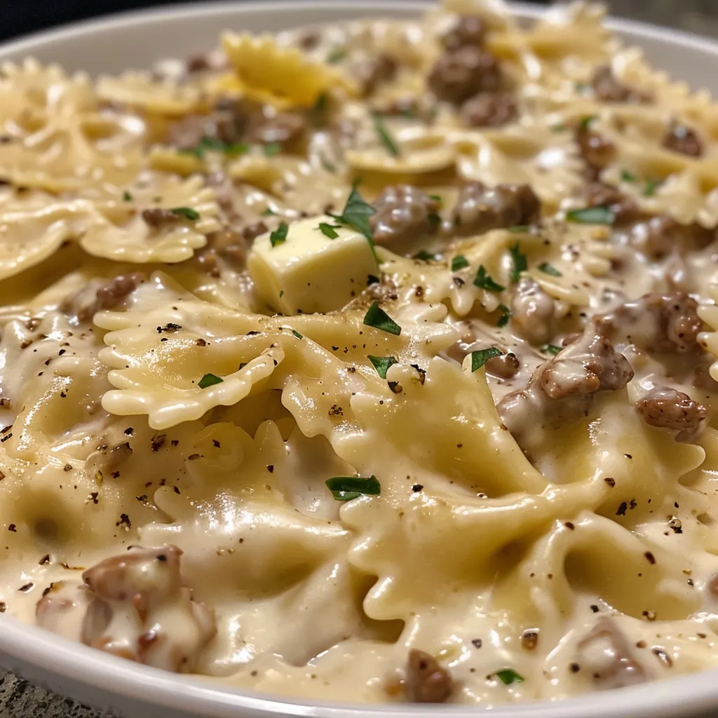 Side view of a creamy pasta dish with bowtie pasta and spiced ground beef.