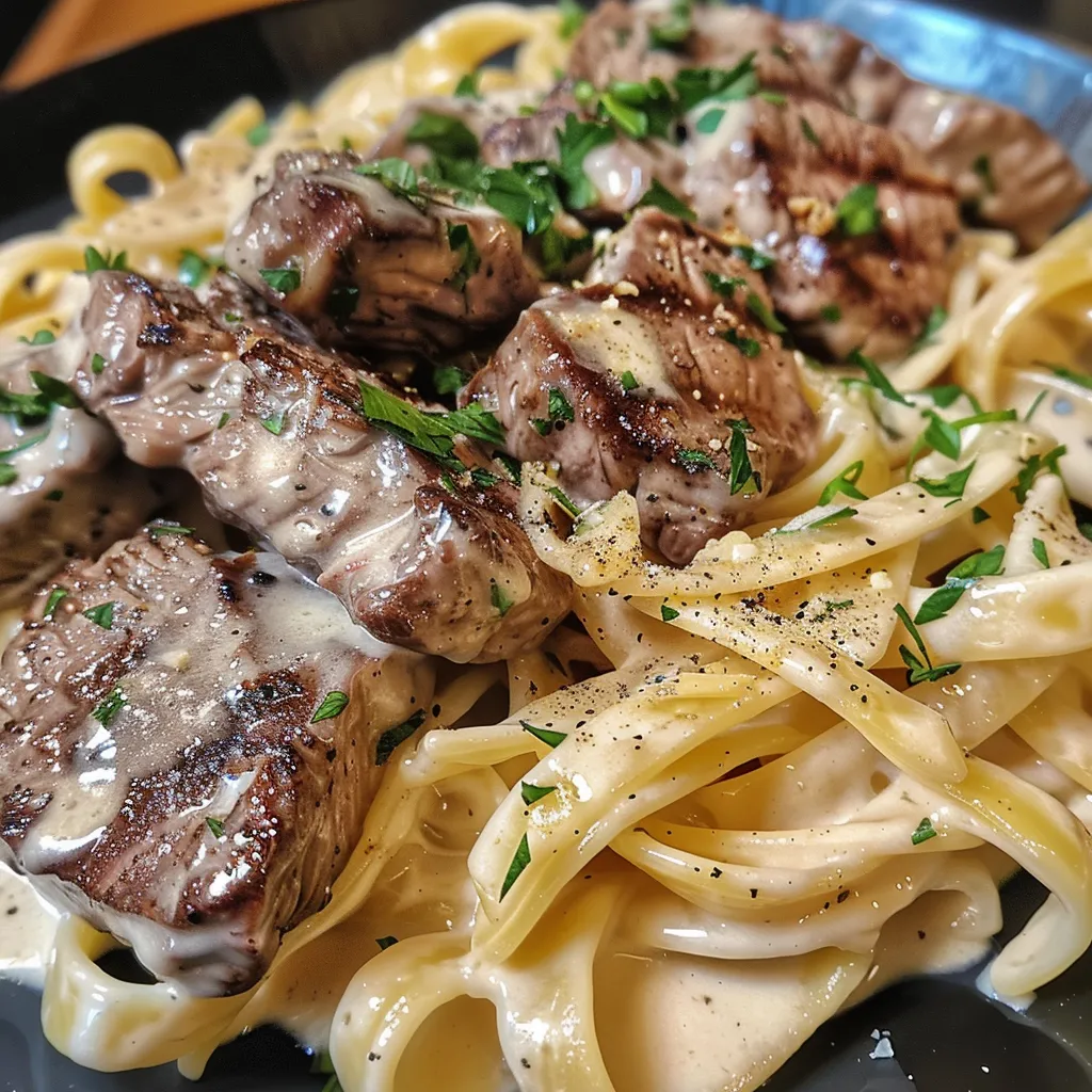 Side view of a plate of Cajun Steak Alfredo, showcasing the steak and pasta.