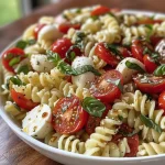 A vibrant close-up of Caprese Pasta Salad with colorful ingredients.